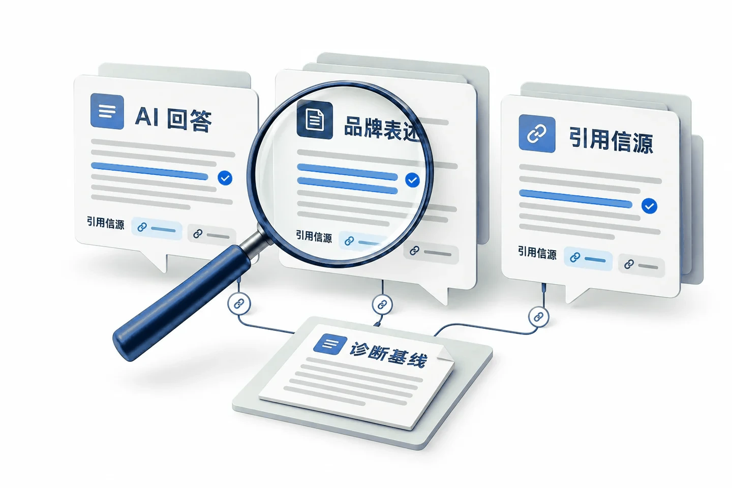 品牌诊断业务插图：对照目标问题的 AI 回答样本，核对品牌表述、推荐信息与实际引用来源，形成可比较的品牌基线。